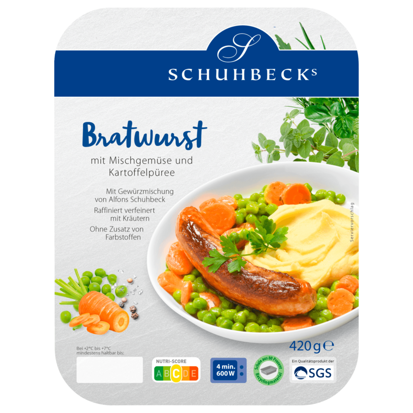 Schuhbeck's Bratwurst mit Mischgemüse und Kartoffelpüree 420g